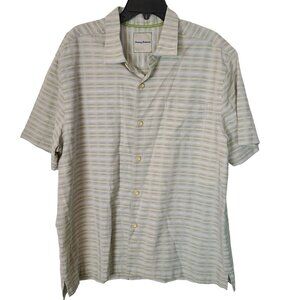 Tommy Bahama Mens XL Gray Ivory Striped Silk Cotton Blend Button Up Shirt